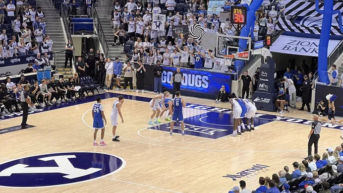 BYU basketball player action during a Blue and White game at the Marriott Center, used as real editorial imagery for BYU Sport Nuts.