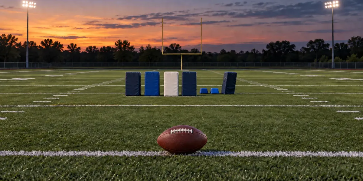 Original editorial image of five blue and white blocking pads, two smaller blue markers and one football on an empty field.