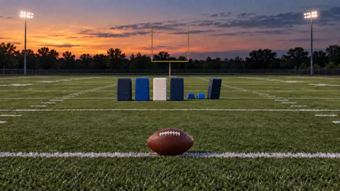 Original editorial image of five blue and white blocking pads, two smaller blue markers and one football on an empty field.