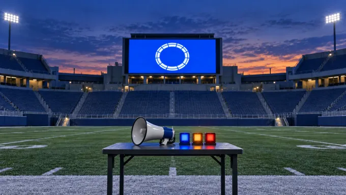 Original editorial image of one stadium megaphone beside blue, amber and red indicator lights beneath a blank blue video board.