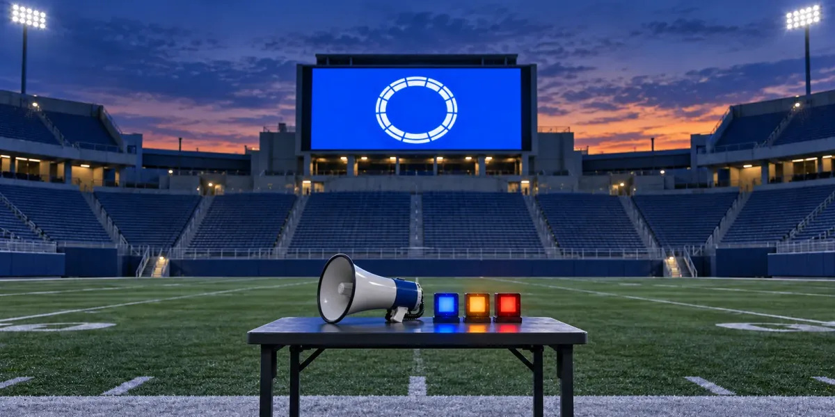 Original editorial image of one stadium megaphone beside blue, amber and red indicator lights beneath a blank blue video board.