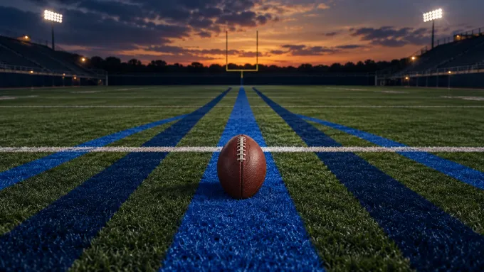 Original editorial illustration of one football following several royal-blue rushing lanes toward an unlabelled white benchmark stripe on an empty field.