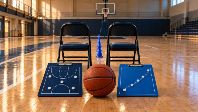 Original editorial basketball art with two empty coaching chairs, two strategy boards, one ball and seven blue practice cones on an empty court.