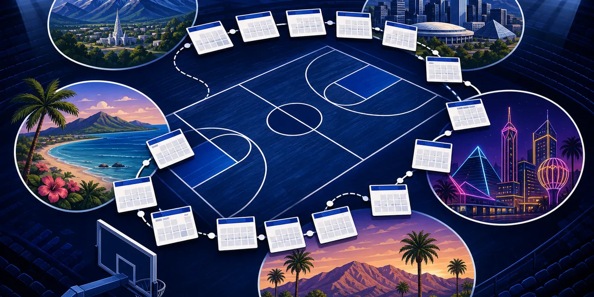 Abstract navy basketball court schedule map with arena lights and travel cards, created for BYU Sport Nuts.