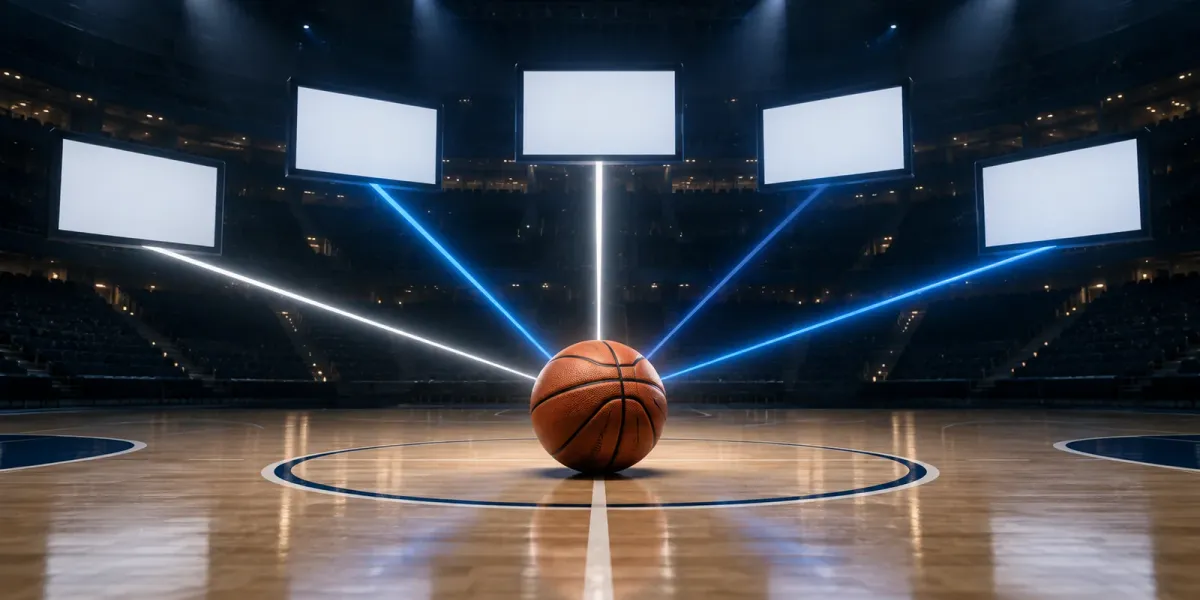 Original editorial art of one basketball sending five blue light paths toward blank broadcast panels around a dark court.