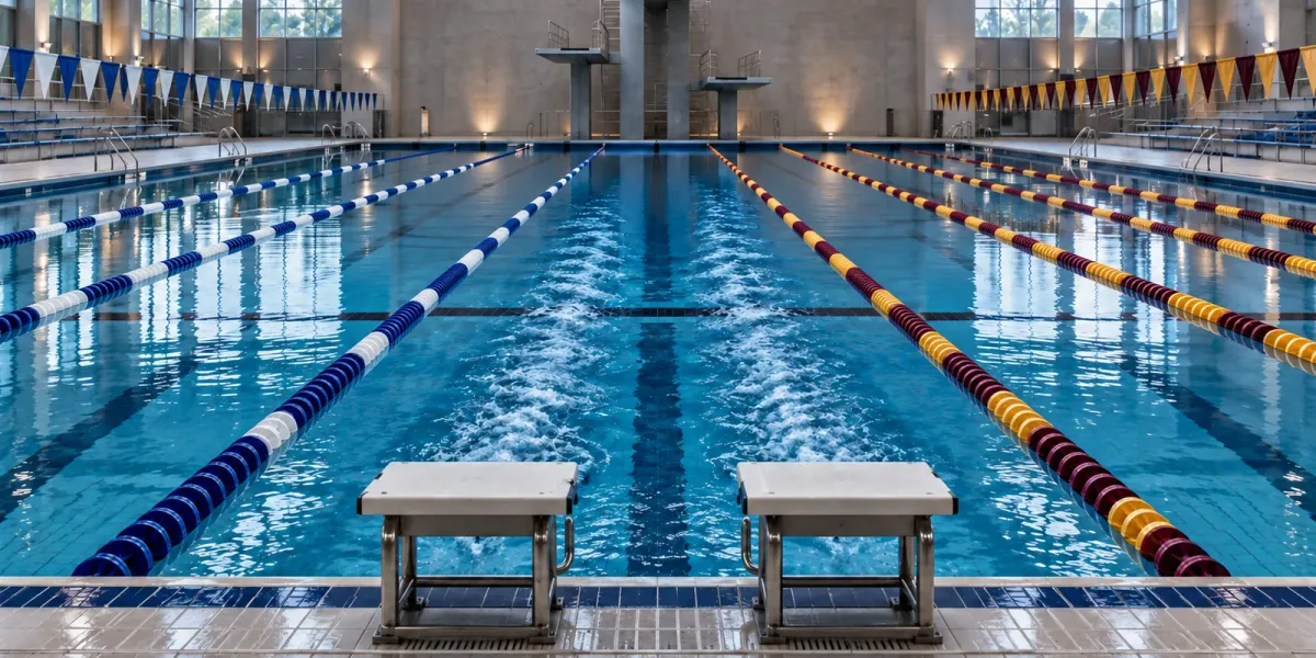 Original editorial image of two starting blocks and blue wakes between BYU-blue and Colorado Mesa maroon-and-gold lanes in an empty pool.