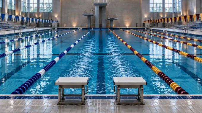 Original editorial image of two starting blocks and blue wakes between BYU-blue and Colorado Mesa maroon-and-gold lanes in an empty pool.
