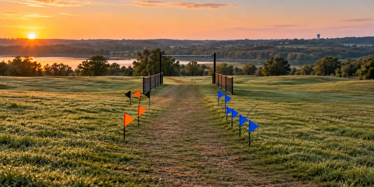 Original editorial image of seven blank blue pennants forming a compact scoring pack opposite orange and black markers on an empty cross-country course.