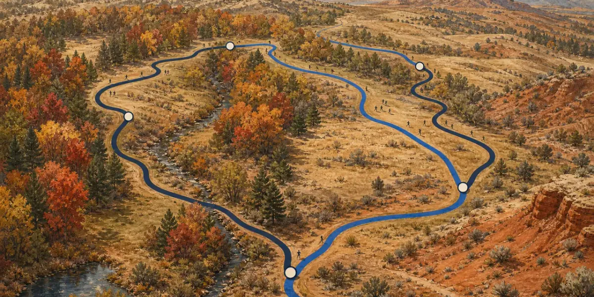 Original editorial illustration of two blue cross-country routes winding through an autumn course.