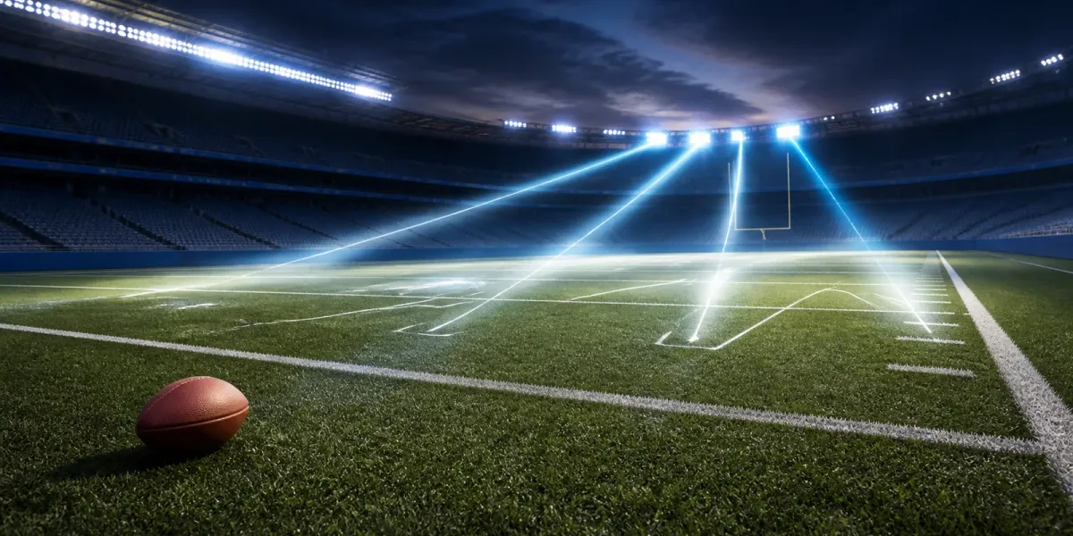 Original editorial illustration of an empty football field with a ball and four illuminated passing routes.