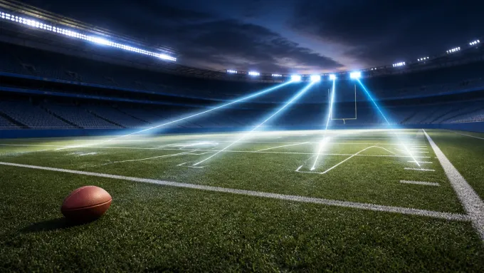 Original editorial illustration of an empty football field with a ball and four illuminated passing routes.