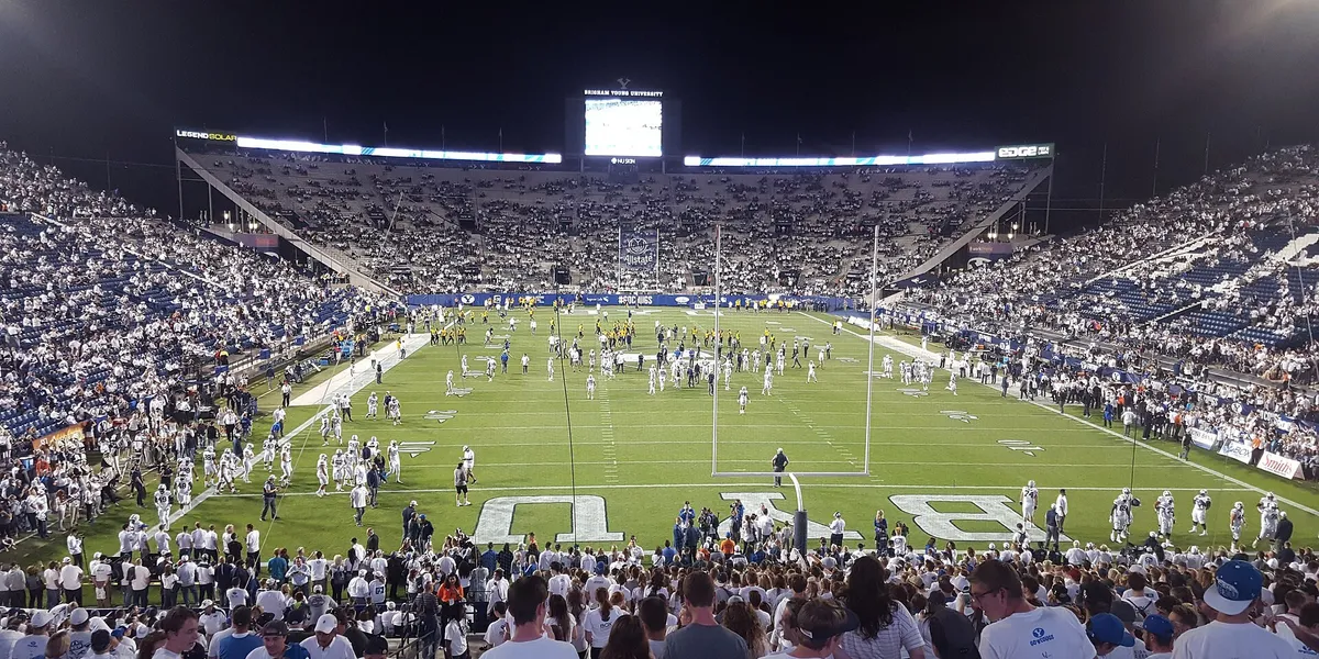 Wide view of LaVell Edwards Stadium during a BYU football game, used as real editorial imagery for BYU Sport Nuts.