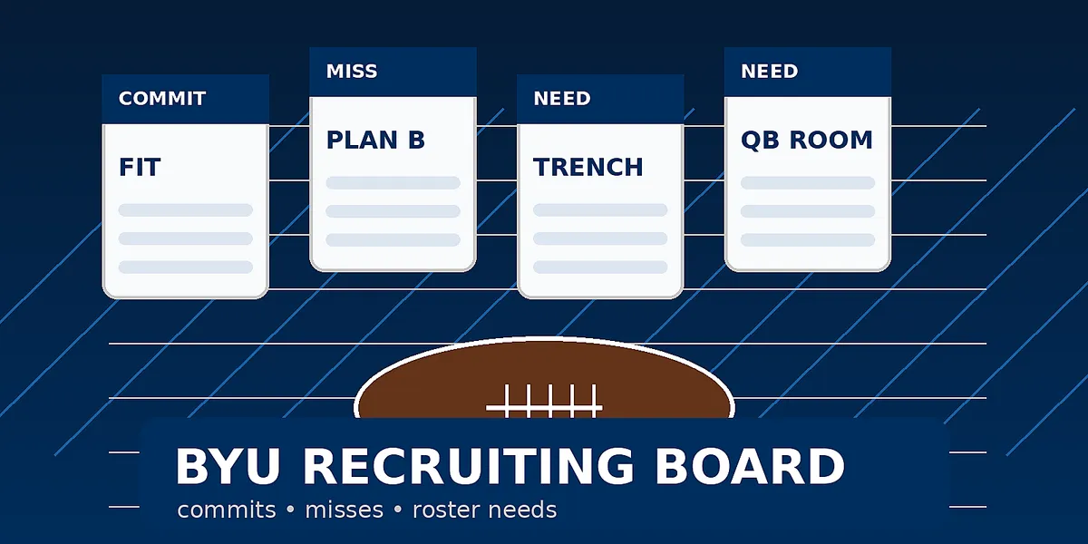 Trademark-safe abstract BYU football recruiting board with generic commit, miss, and roster-need cards.