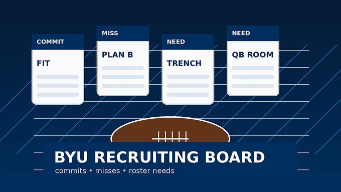 Trademark-safe abstract BYU football recruiting board with generic commit, miss, and roster-need cards.