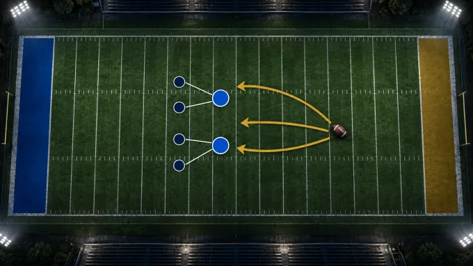 Original overhead football art with two royal-blue defenders reconnecting to a navy unit against three Notre Dame gold rushing lanes.