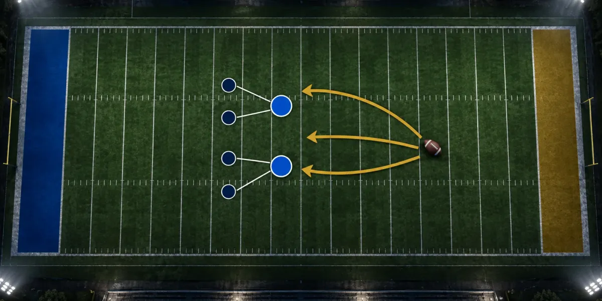Original overhead football art with two royal-blue defenders reconnecting to a navy unit against three Notre Dame gold rushing lanes.