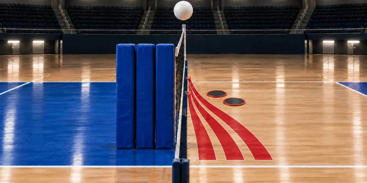 Original editorial image of one volleyball above an empty court, with three blue blocking pads stopping three red attack paths.