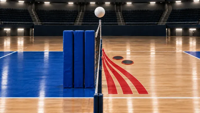 Original editorial image of one volleyball above an empty court, with three blue blocking pads stopping three red attack paths.