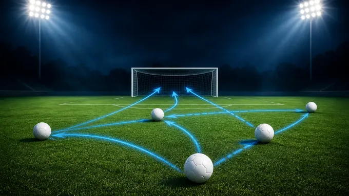 Original editorial illustration of five soccer balls connected by blue attacking routes on an empty field at night.