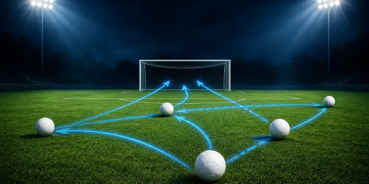 Original editorial illustration of five soccer balls connected by blue attacking routes on an empty field at night.