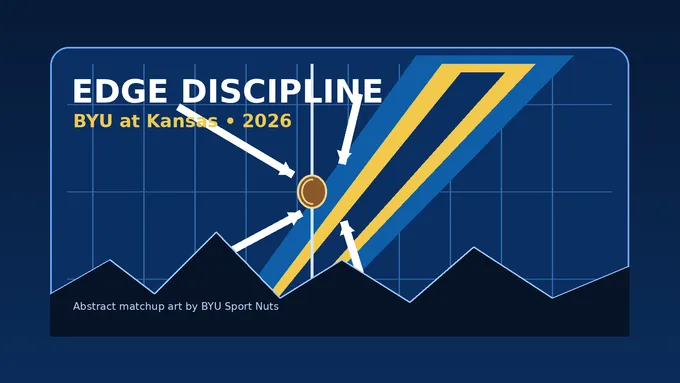 Abstract navy and royal football field diagram showing BYU edge defenders squeezing a Kansas speed lane, created for BYU Sport Nuts.