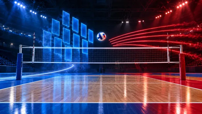 Original editorial image of one volleyball above an empty court split between a blue block wall and crimson service trails.