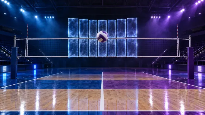 Original editorial image of a volleyball meeting a fourteen-panel blue block wall above an empty court split between BYU blue and Kansas State purple.