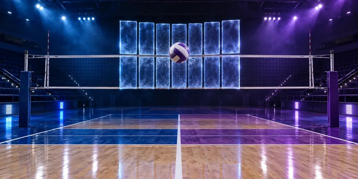 Original editorial image of a volleyball meeting a fourteen-panel blue block wall above an empty court split between BYU blue and Kansas State purple.