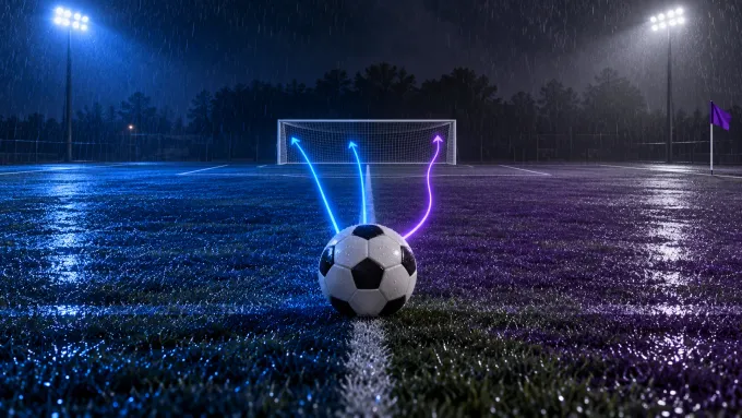 Original editorial image of one soccer ball on an empty field split between two blue comeback paths and one purple corner arc.