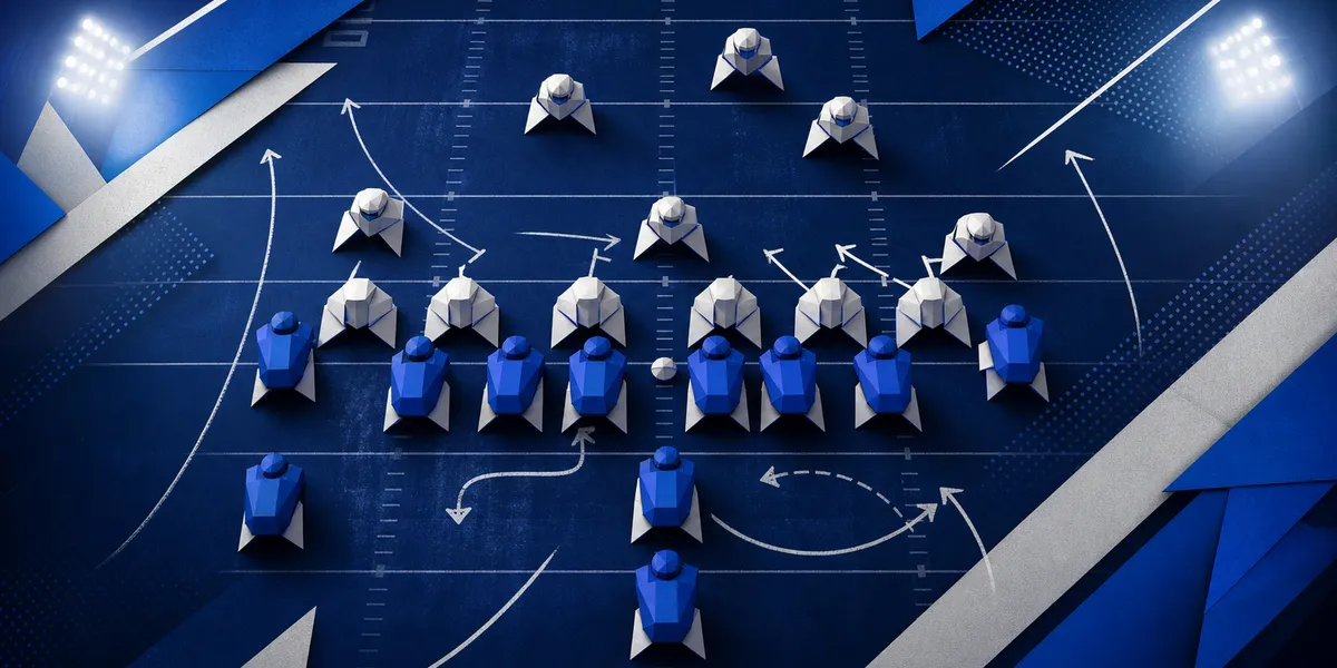 Abstract navy and royal football line of scrimmage with blocking shapes and chalk arrows, created for BYU Sport Nuts.
