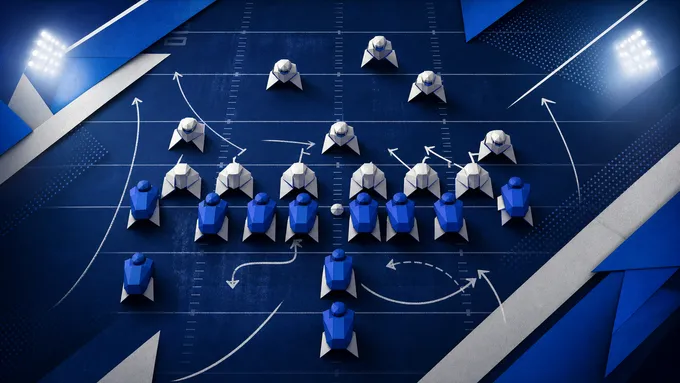 Abstract navy and royal football line of scrimmage with blocking shapes and chalk arrows, created for BYU Sport Nuts.