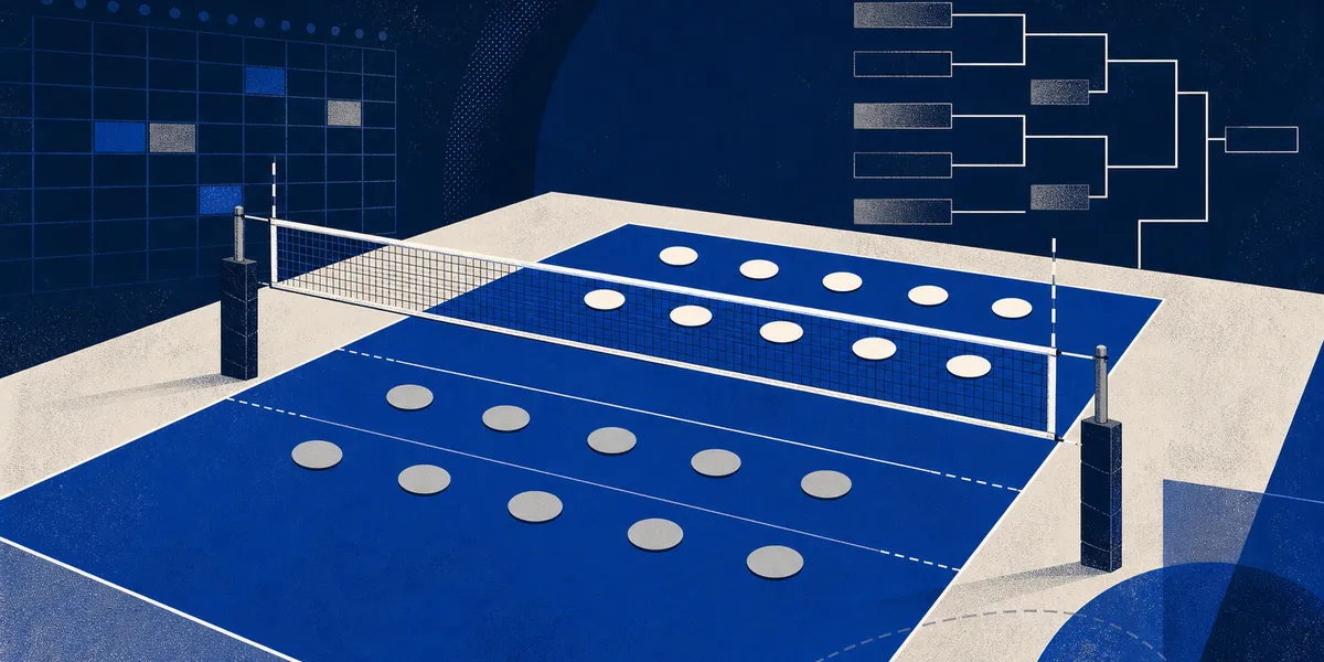 Abstract navy indoor volleyball court with roster dots, calendar grid and tournament bracket lines, created for BYU Sport Nuts.