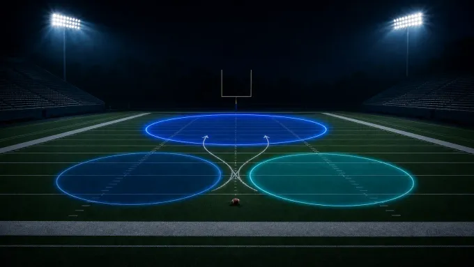 Original empty football field illustration with three glowing defensive zones and pursuit paths.