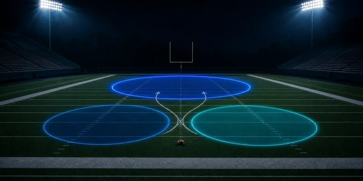 Original empty football field illustration with three glowing defensive zones and pursuit paths.
