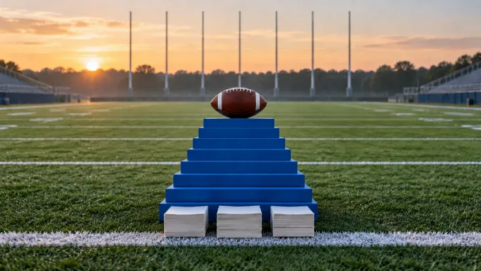 Original editorial illustration of one football atop eight royal-blue field steps above three blank ballot stacks.