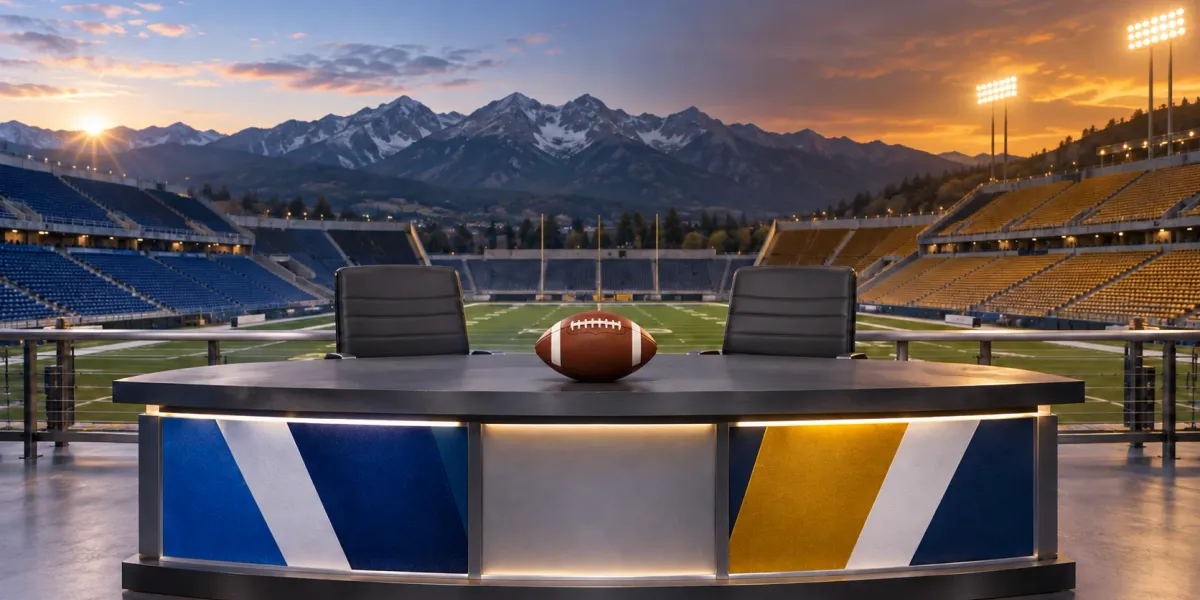 Original dawn-to-night broadcast desk art with BYU blue opposite Notre Dame gold and one football in an empty mountain stadium.