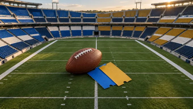 Original editorial image of one football and blank blue and gold tickets at midfield in a stadium split between BYU blue and Notre Dame gold seating.