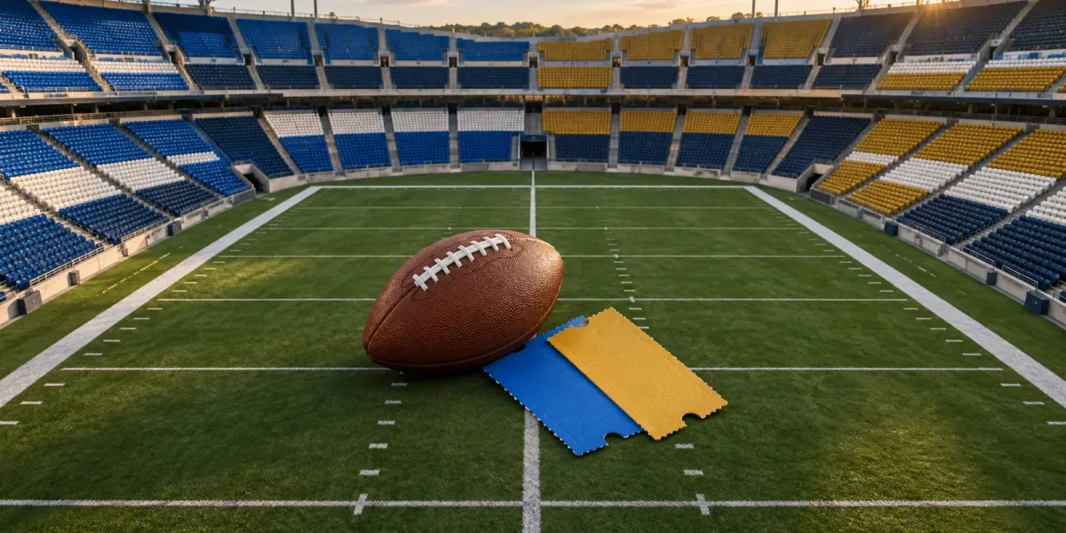 Original editorial image of one football and blank blue and gold tickets at midfield in a stadium split between BYU blue and Notre Dame gold seating.