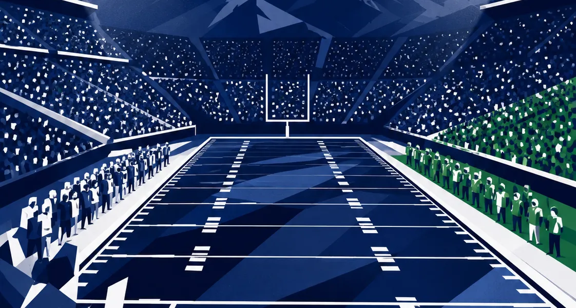 Abstract navy football stadium in the mountains with lights, yard lines, and a green visiting sideline accent, created for BYU Sport Nuts.