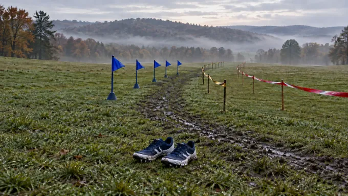 Original editorial image of five blank royal-blue course flags beside gold-and-black and cherry-and-silver lanes on an empty muddy cross-country course.