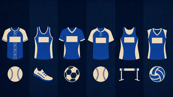 Original flat illustration of six generic navy and royal competition jerseys with blank patches above baseball, running, soccer, softball, track and volleyball symbols.