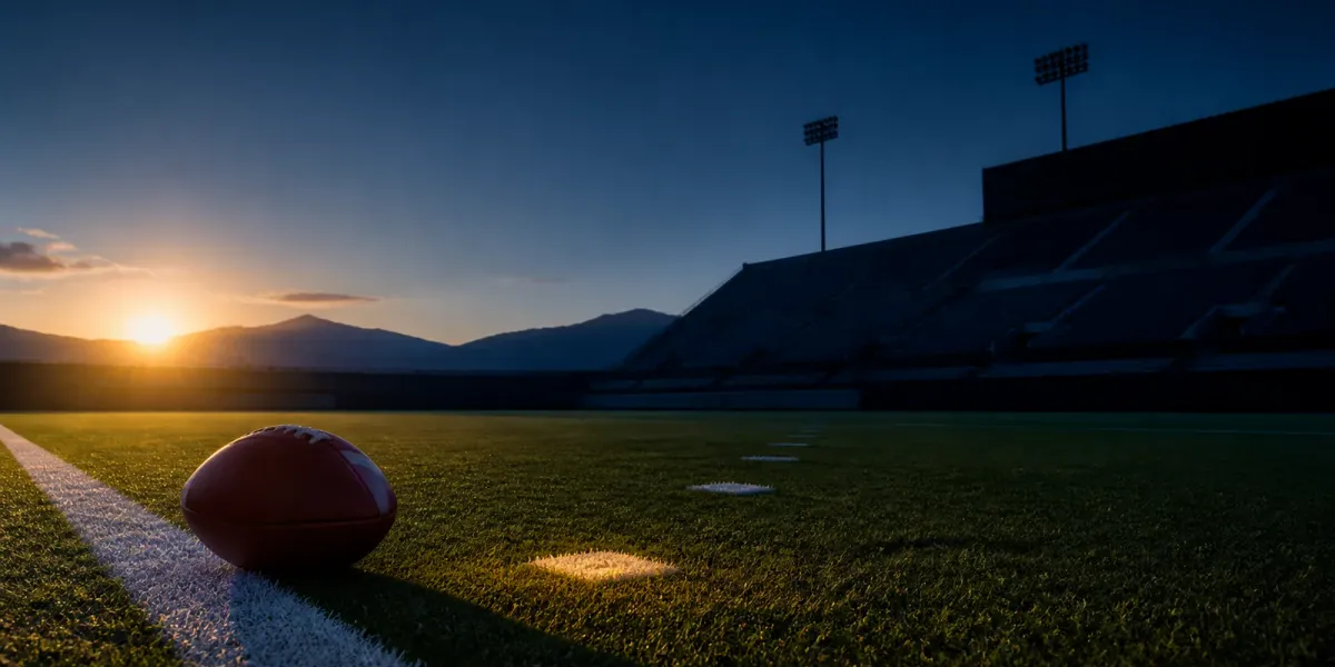 Original editorial illustration of a football beside the sideline in an empty mountain stadium at dawn.