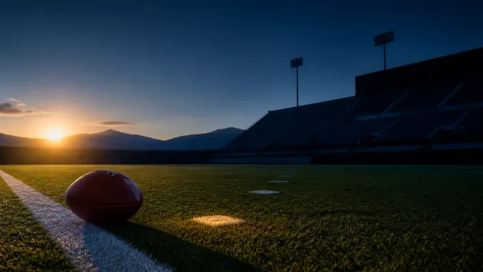 Original editorial illustration of a football beside the sideline in an empty mountain stadium at dawn.