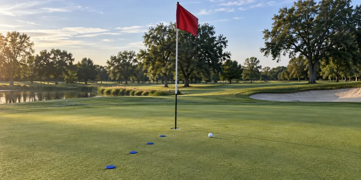 Original editorial image of an empty golf green with four blue markers leading toward one ball and a blank crimson flag.
