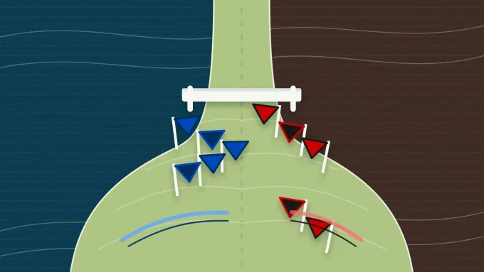 Original editorial illustration of five tightly grouped blue course pennants opposite three early and two trailing red-and-black pennants on an empty cross-country course.