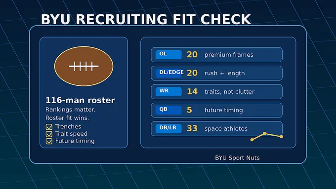 Abstract navy football recruiting board with roster lanes and rising evaluation arrows, created for BYU Sport Nuts.