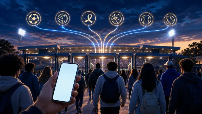 Original editorial illustration of students approaching a generic stadium with a blank digital ticket and six sports symbols overhead.