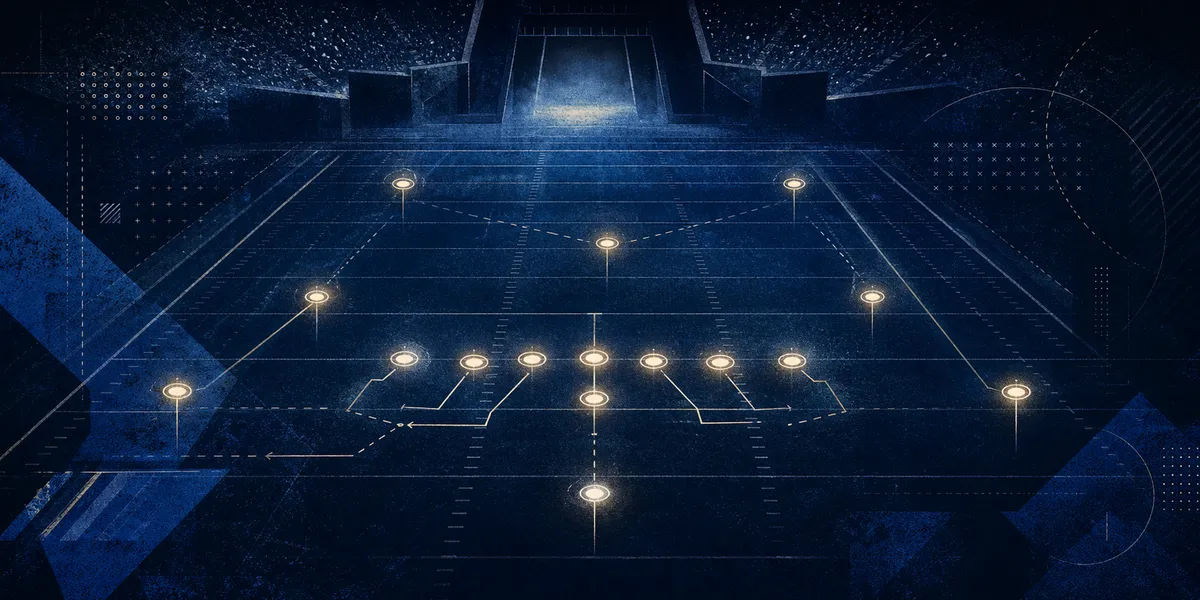 Abstract navy football field with glowing scouting markers and play-chart lines, created for BYU Sport Nuts.