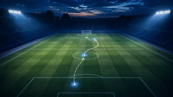 Original editorial illustration of three tactical markers connecting the defensive, midfield and attacking thirds of an empty soccer field.
