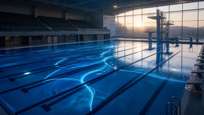 Original editorial illustration of an empty indoor competition pool with blue route-like reflections and diving platforms.